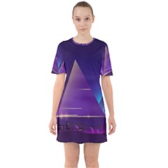 Egyptian-pyramids-night-landscape-cartoon Sixties Short Sleeve Mini Dress by Salman4z