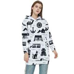 Dark-seamless-pattern-symbols-landmarks-signs-egypt --- Women s Long Oversized Pullover Hoodie by Salman4z