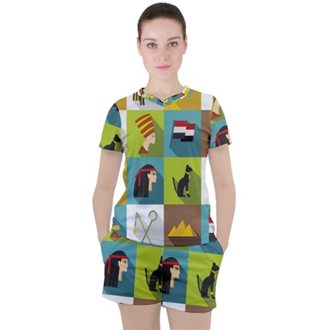 Egypt-travel-items-icons-set-flat-style Women s Tee And Shorts Set by Salman4z