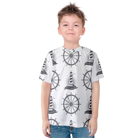 Marine Nautical Seamless Pattern With Vintage Lighthouse Wheel Kids  Cotton Tee by Salman4z