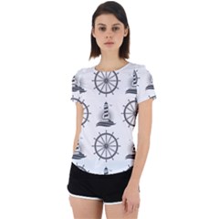 Marine Nautical Seamless Pattern With Vintage Lighthouse Wheel Back Cut Out Sport Tee by Salman4z