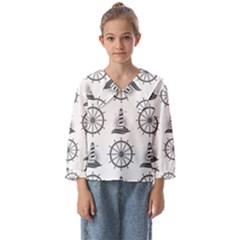 Marine Nautical Seamless Pattern With Vintage Lighthouse Wheel Kids  Sailor Shirt by Salman4z