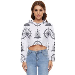 Marine Nautical Seamless Pattern With Vintage Lighthouse Wheel Women s Lightweight Cropped Hoodie