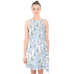 Cute-seagulls-seamless-pattern-light-blue-background Halter Collar Waist Tie Chiffon Dress by Salman4z