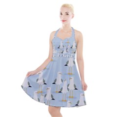 Cute-seagulls-seamless-pattern-light-blue-background Halter Party Swing Dress  by Salman4z