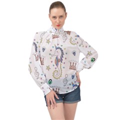 Seamless-pattern-cute-unicorn-cartoon-hand-drawn High Neck Long Sleeve Chiffon Top by Salman4z