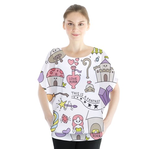 Fantasy-things-doodle-style-vector-illustration Batwing Chiffon Blouse by Salman4z