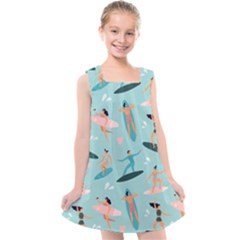 Beach-surfing-surfers-with-surfboards-surfer-rides-wave-summer-outdoors-surfboards-seamless-pattern- Kids  Cross Back Dress by Salman4z