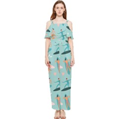 Beach-surfing-surfers-with-surfboards-surfer-rides-wave-summer-outdoors-surfboards-seamless-pattern- Draped Sleeveless Chiffon Jumpsuit by Salman4z