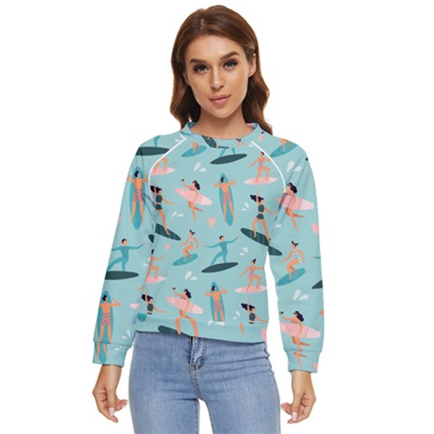 Beach-surfing-surfers-with-surfboards-surfer-rides-wave-summer-outdoors-surfboards-seamless-pattern- Women s Long Sleeve Raglan Tee by Salman4z