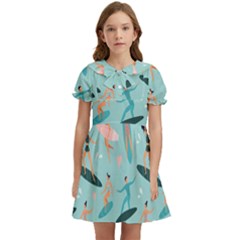 Beach-surfing-surfers-with-surfboards-surfer-rides-wave-summer-outdoors-surfboards-seamless-pattern- Kids  Bow Tie Puff Sleeve Dress by Salman4z