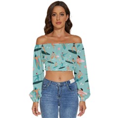 Beach-surfing-surfers-with-surfboards-surfer-rides-wave-summer-outdoors-surfboards-seamless-pattern- Long Sleeve Crinkled Weave Crop Top by Salman4z