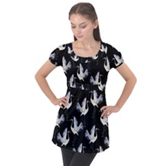 Crane Pattern Puff Sleeve Tunic Top