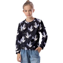 Crane Pattern Kids  Long Sleeve Tee with Frill 