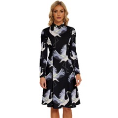 Crane Pattern Long Sleeve Shirt Collar A-Line Dress