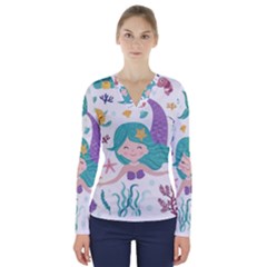 Set-cute-mermaid-seaweeds-marine-inhabitants V-neck Long Sleeve Top by Salman4z