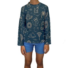 Dark-seamless-pattern-symbols-landmarks-signs-egypt -- Kids  Long Sleeve Swimwear