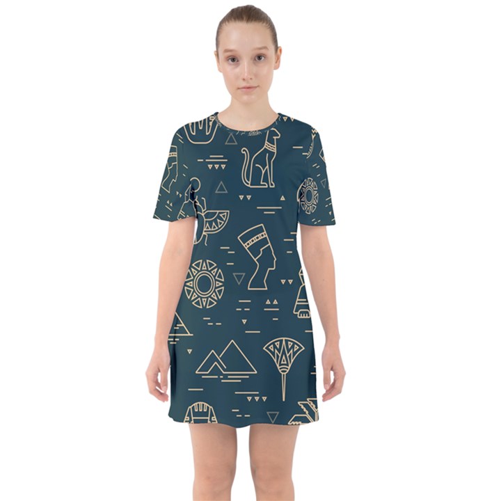 Dark-seamless-pattern-symbols-landmarks-signs-egypt -- Sixties Short Sleeve Mini Dress