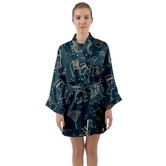 Dark-seamless-pattern-symbols-landmarks-signs-egypt -- Long Sleeve Satin Kimono by Salman4z