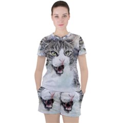 Cat Pet Art Abstract Watercolor Women s Tee And Shorts Set