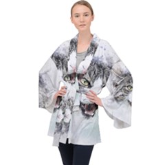 Cat Pet Art Abstract Watercolor Long Sleeve Velvet Kimono  by Jancukart