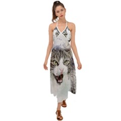Cat Pet Art Abstract Watercolor Halter Tie Back Dress 