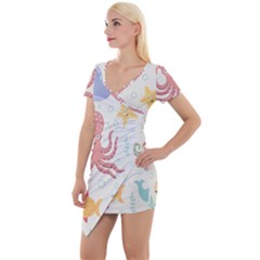 Underwater-seamless-pattern-light-background-funny Short Sleeve Asymmetric Mini Dress