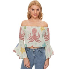 Underwater-seamless-pattern-light-background-funny Off Shoulder Flutter Bell Sleeve Top by Salman4z