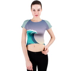 Tsunami Tidal Waves Wave Minimalist Ocean Sea Crew Neck Crop Top