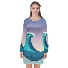 Tsunami Tidal Waves Wave Minimalist Ocean Sea Long Sleeve Chiffon Shift Dress 