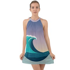 Tsunami Tidal Waves Wave Minimalist Ocean Sea Halter Tie Back Chiffon Dress