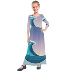 Tsunami Tidal Waves Wave Minimalist Ocean Sea Kids  Quarter Sleeve Maxi Dress