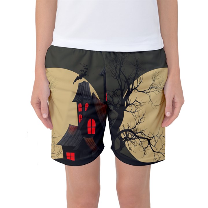 Halloween Moon Haunted House Full Moon Dead Tree Women s Basketball Shorts