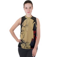 Halloween Moon Haunted House Full Moon Dead Tree Mock Neck Chiffon Sleeveless Top by Ravend