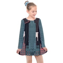 New York City Nyc Skyline Cityscape Kids  Long Sleeve Dress by Ravend