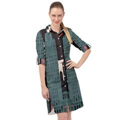 New York City Nyc Skyline Cityscape Long Sleeve Mini Shirt Dress by Ravend