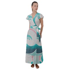 Tidal Wave Ocean Sea Tsunami Wave Minimalist Flutter Sleeve Maxi Dress