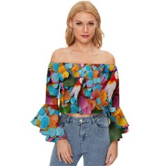 Confetti Tropical Ocean Themed Background Abstract Off Shoulder Flutter Bell Sleeve Top by Ravend