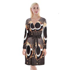 Coffee Cafe Espresso Drink Beverage Long Sleeve Velvet Front Wrap Dress