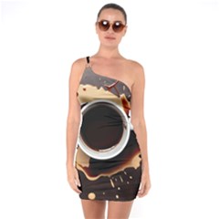 Coffee Cafe Espresso Drink Beverage One Shoulder Ring Trim Bodycon Dress by Ravend