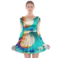 Tsunami Tidal Wave Waves Minimalist Ocean Sea Long Sleeve Skater Dress