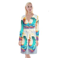 Tsunami Tidal Wave Waves Minimalist Ocean Sea Long Sleeve Velvet Front Wrap Dress