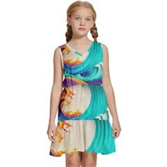 Tsunami Tidal Wave Waves Minimalist Ocean Sea Kids  Sleeveless Tiered Mini Dress