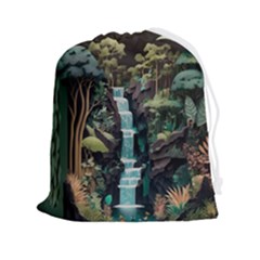 Jungle Tropical Trees Waterfall Plants Papercraft Drawstring Pouch (2xl) by Ravend