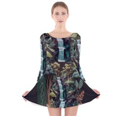 Jungle Tropical Trees Waterfall Plants Papercraft Long Sleeve Velvet Skater Dress