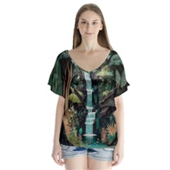 Jungle Tropical Trees Waterfall Plants Papercraft V-neck Flutter Sleeve Top