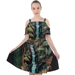 Jungle Tropical Trees Waterfall Plants Papercraft Cut Out Shoulders Chiffon Dress