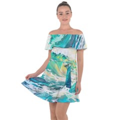 Waves Ocean Sea Tsunami Nautical Painting Off Shoulder Velour Dress by Ravend