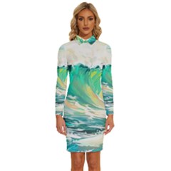 Waves Ocean Sea Tsunami Nautical Painting Long Sleeve Shirt Collar Bodycon Dress