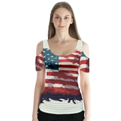 Patriotic Usa United States Flag Old Glory Butterfly Sleeve Cutout Tee 